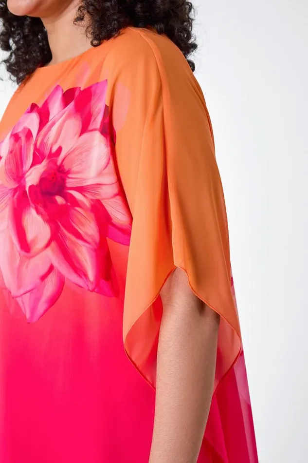 Women Orange Curve Floral Print Chiffon Overlay Top Roman Tops