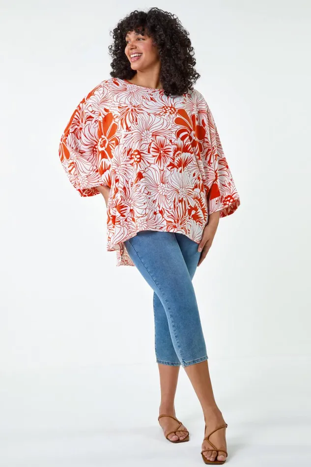 Women Orange Curve Floral Print Dipped Hem Top Roman Tops