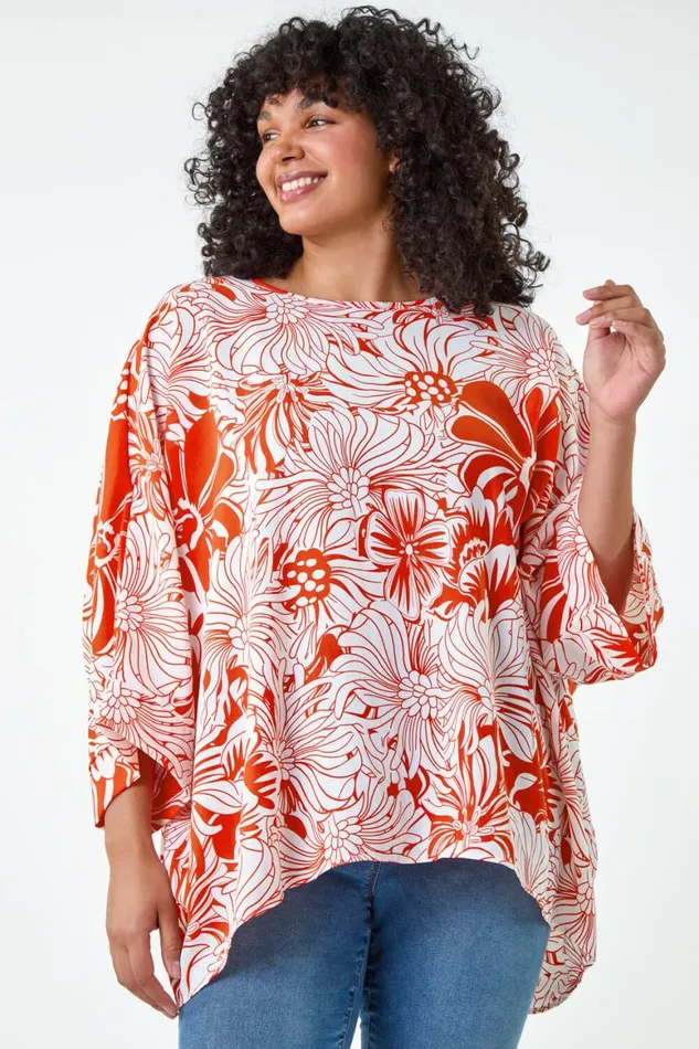 Women Orange Curve Floral Print Dipped Hem Top Roman Tops