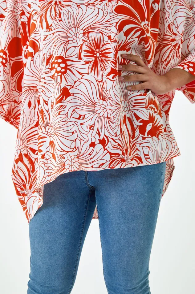Women Orange Curve Floral Print Dipped Hem Top Roman Tops