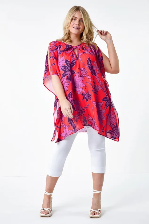 Women Orange Curve Floral Twist Detail Keyhole Top Roman Tops