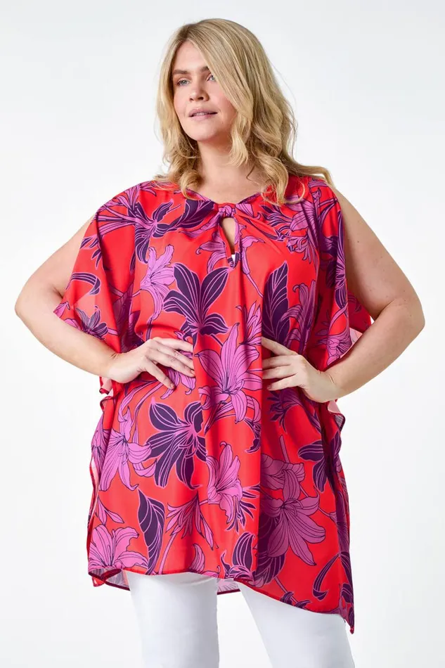 Women Orange Curve Floral Twist Detail Keyhole Top Roman Tops