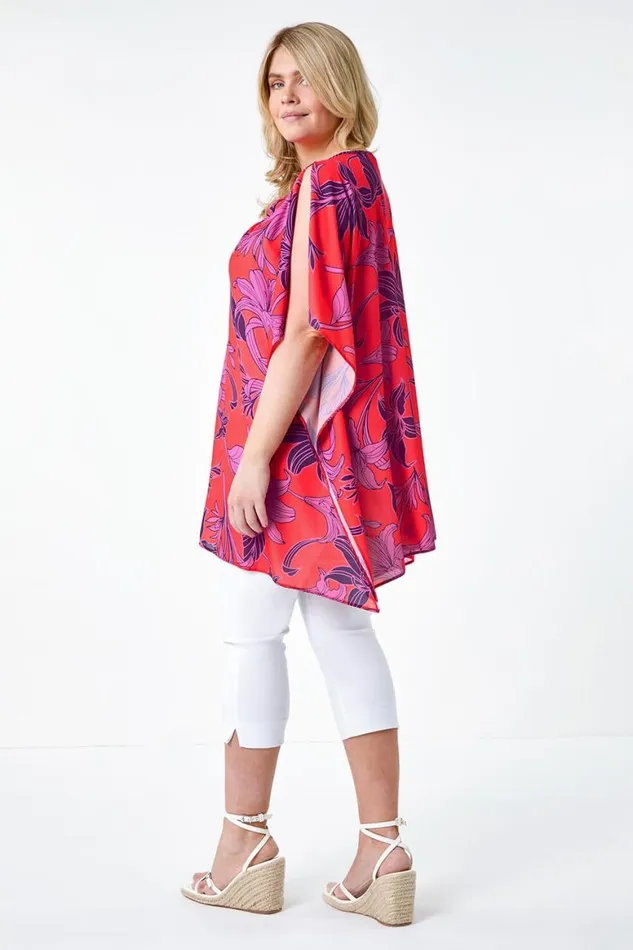 Women Orange Curve Floral Twist Detail Keyhole Top Roman Tops