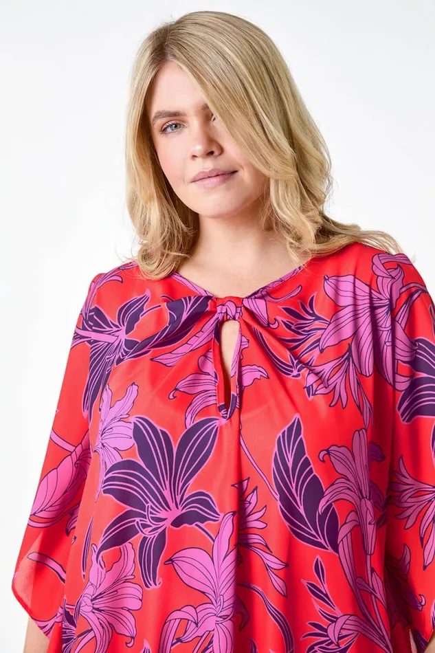 Women Orange Curve Floral Twist Detail Keyhole Top Roman Tops