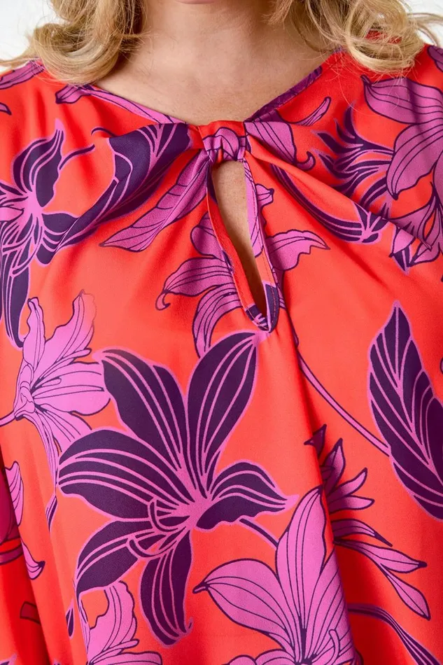 Women Orange Curve Floral Twist Detail Keyhole Top Roman Tops