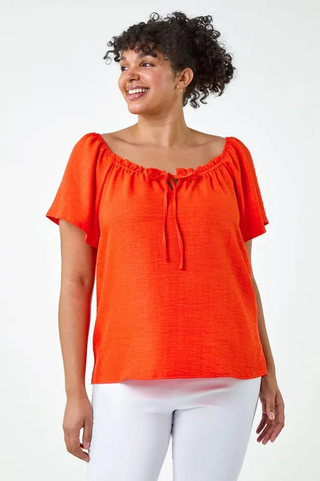 Women Orange Curve Tie Detail Linen Look Bardot Top Roman Tops