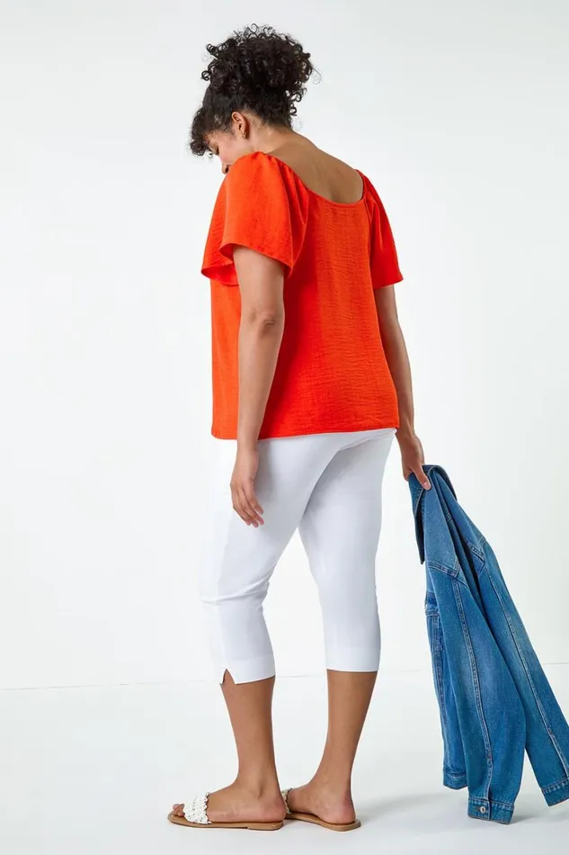 Women Orange Curve Tie Detail Linen Look Bardot Top Roman Tops