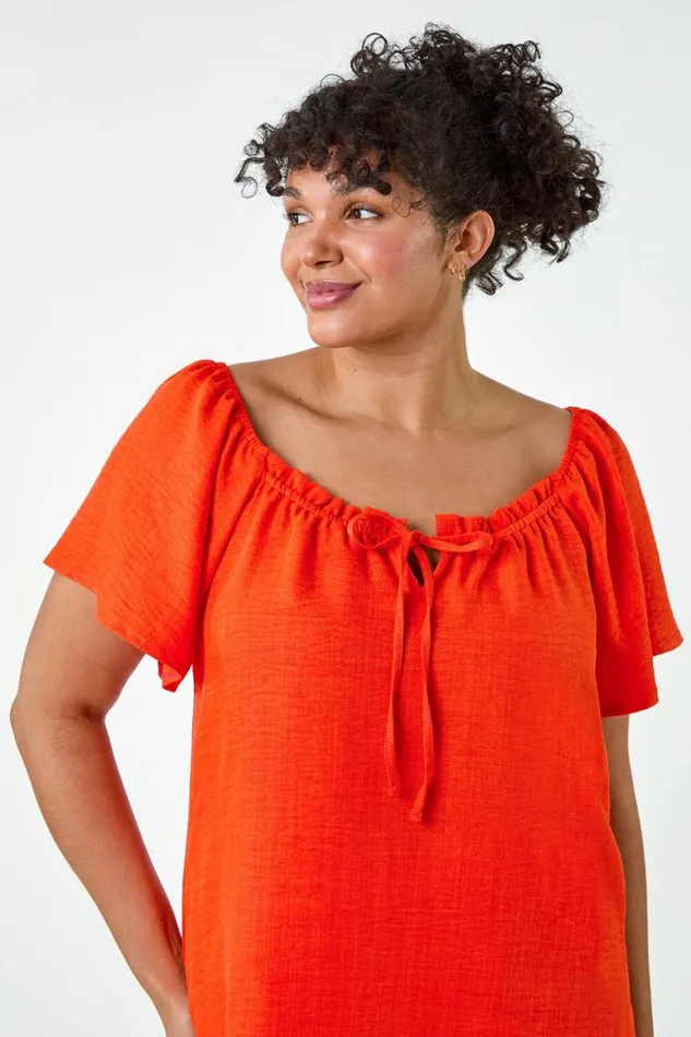 Women Orange Curve Tie Detail Linen Look Bardot Top Roman Tops