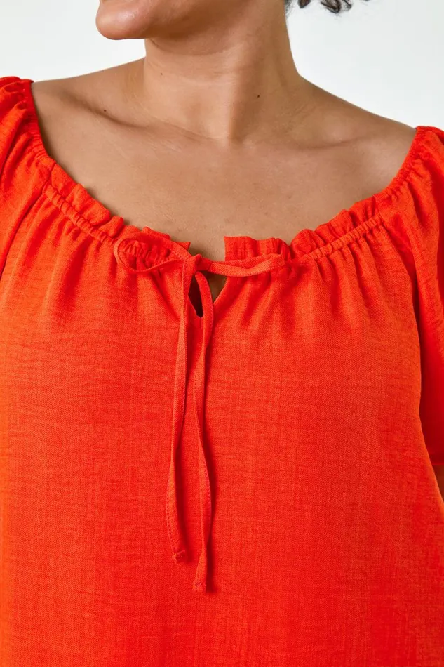 Women Orange Curve Tie Detail Linen Look Bardot Top Roman Tops