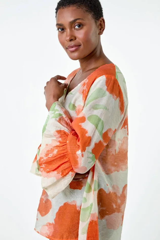 Women Orange Floral Print Frill Sleeve Top Roman Tops