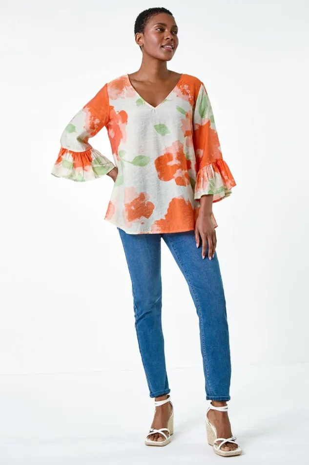 Women Orange Floral Print Frill Sleeve Top Roman Tops