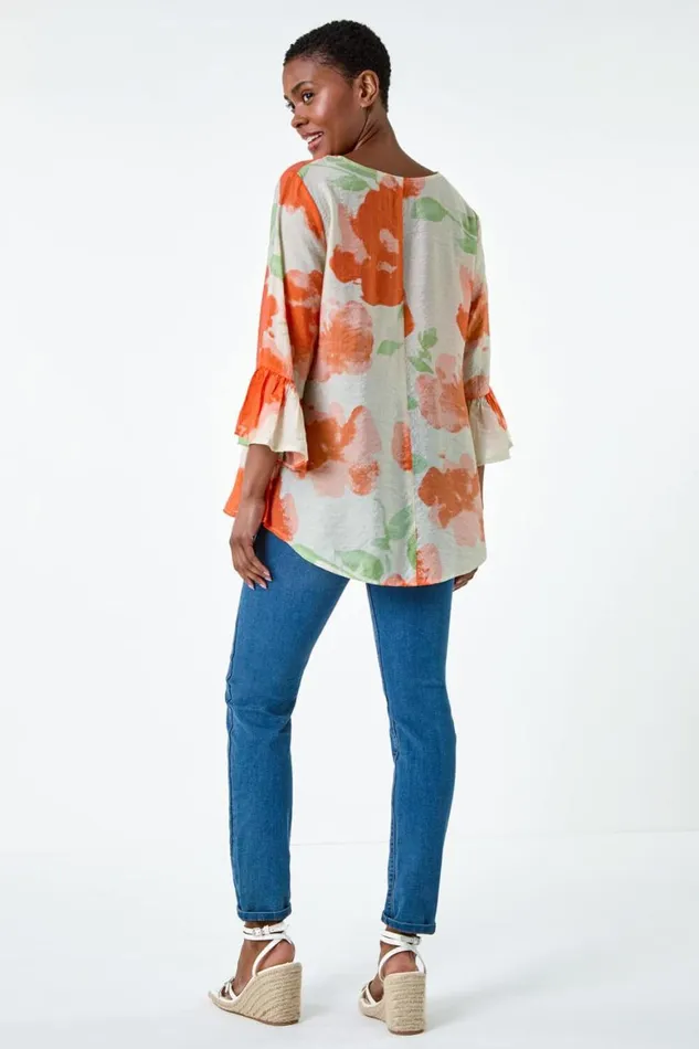 Women Orange Floral Print Frill Sleeve Top Roman Tops