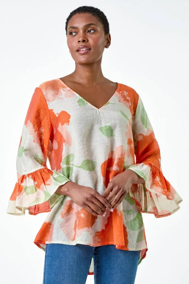 Women Orange Floral Print Frill Sleeve Top Roman Tops