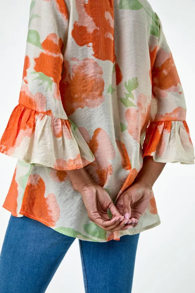 Women Orange Floral Print Frill Sleeve Top Roman Tops
