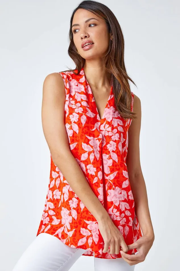Women Orange Floral VNeck Pleat Detail Vest Top Roman Tops