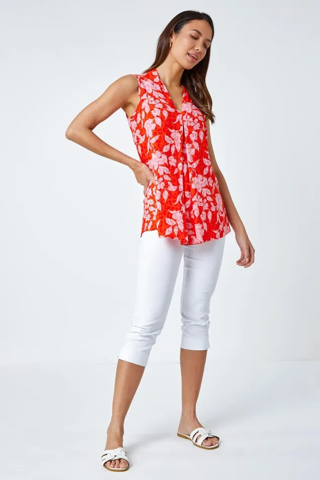 Women Orange Floral VNeck Pleat Detail Vest Top Roman Tops