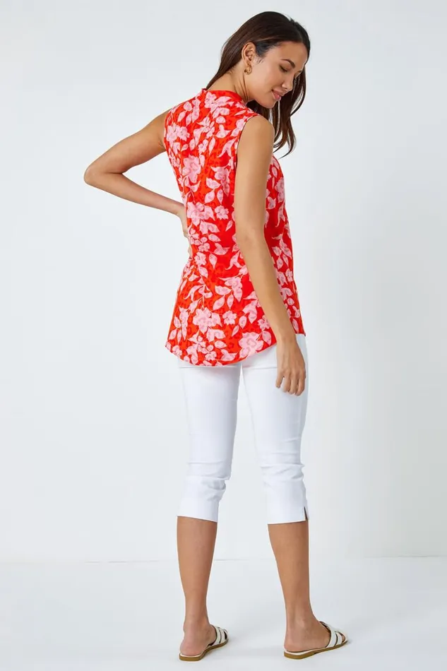 Women Orange Floral VNeck Pleat Detail Vest Top Roman Tops