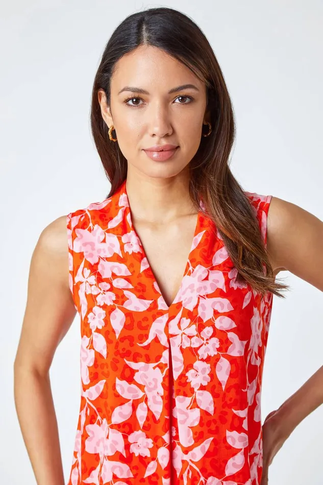 Women Orange Floral VNeck Pleat Detail Vest Top Roman Tops