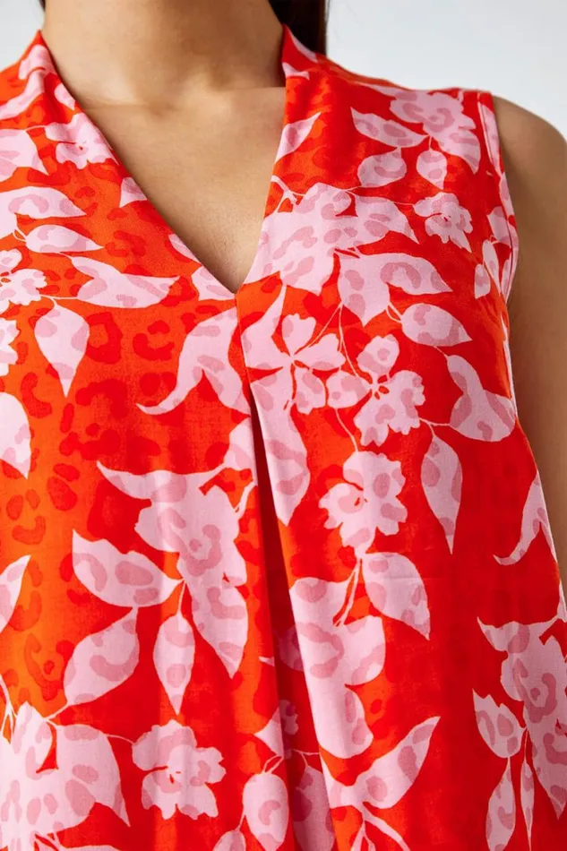 Women Orange Floral VNeck Pleat Detail Vest Top Roman Tops