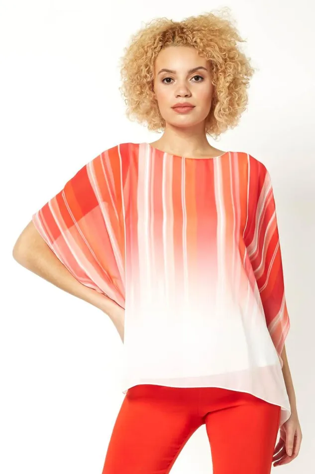 Women Orange Ombre Stripe Print Chiffon Overlay Top Roman Tops