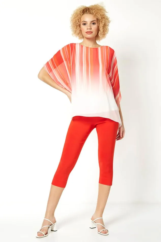 Women Orange Ombre Stripe Print Chiffon Overlay Top Roman Tops