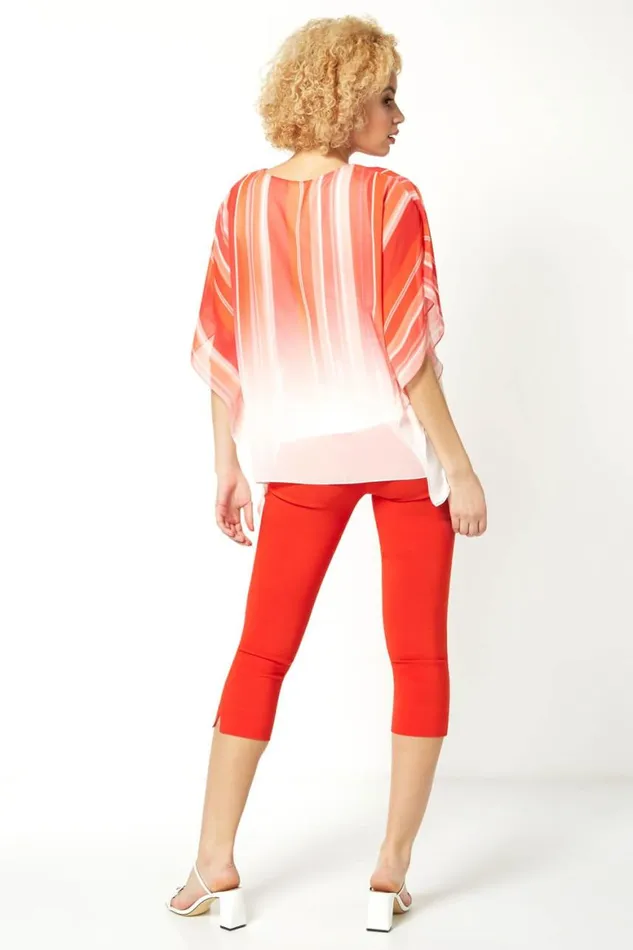 Women Orange Ombre Stripe Print Chiffon Overlay Top Roman Tops