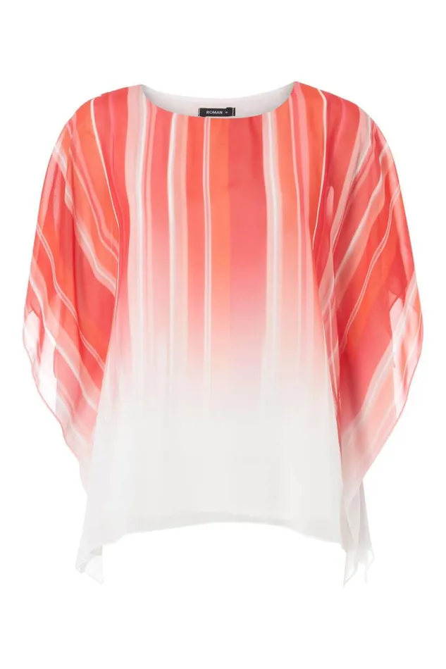 Women Orange Ombre Stripe Print Chiffon Overlay Top Roman Tops