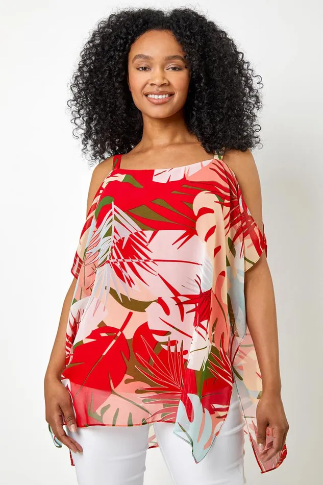 Women Orange Petite Tropical Print Cold Shoulder Top Roman Tops