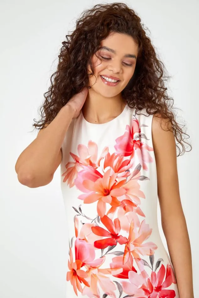 Women Orange Premium Stretch Floral Print Dress Roman Dresses