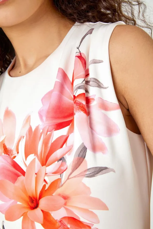 Women Orange Premium Stretch Floral Print Dress Roman Dresses