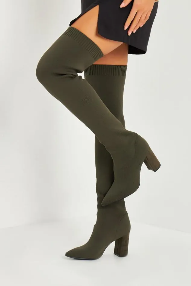 Women Over The Knee Block Heel Boots In Khaki Knit Khaki Brentiny Paris Thigh Boots