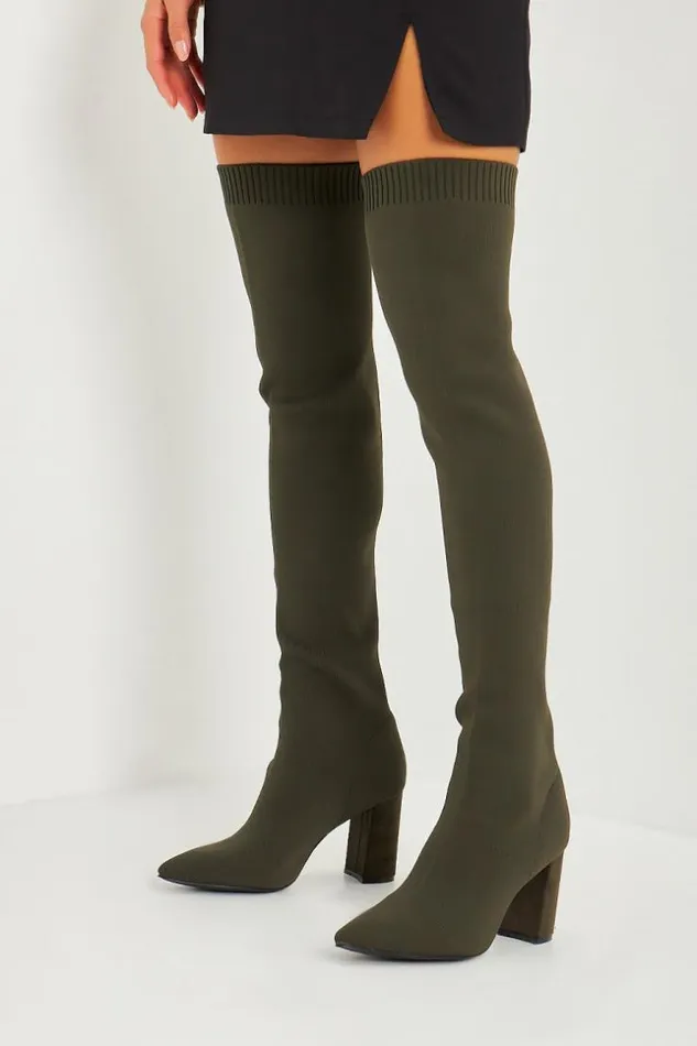 Women Over The Knee Block Heel Boots In Khaki Knit Khaki Brentiny Paris Thigh Boots