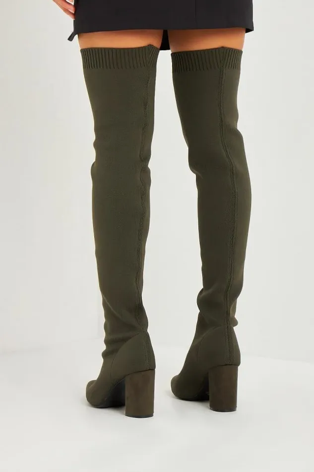 Women Over The Knee Block Heel Boots In Khaki Knit Khaki Brentiny Paris Thigh Boots