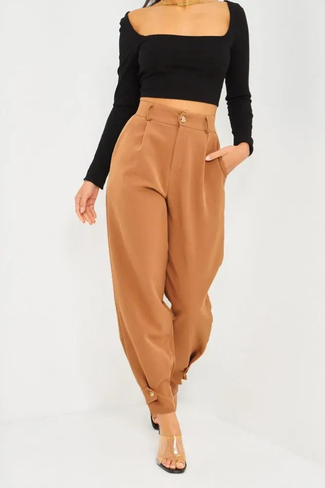 Women Pantalon Camel Fluide Attacher Aux Chevilles Camel Brentiny Paris Pants