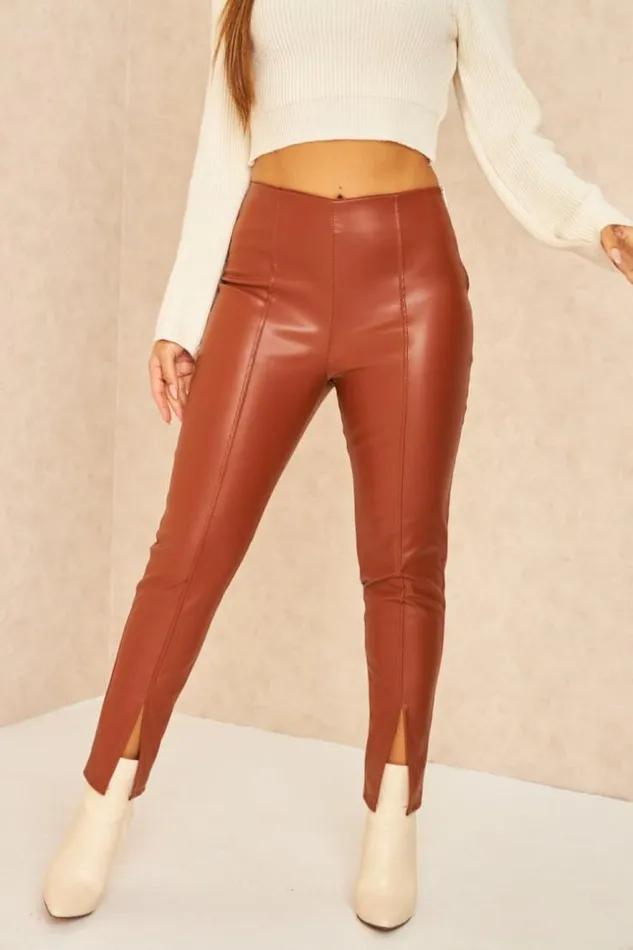 Women Pantalon En Simili Cuir Marron Fendu Aux Chevilles Brown Brentiny Paris Pants