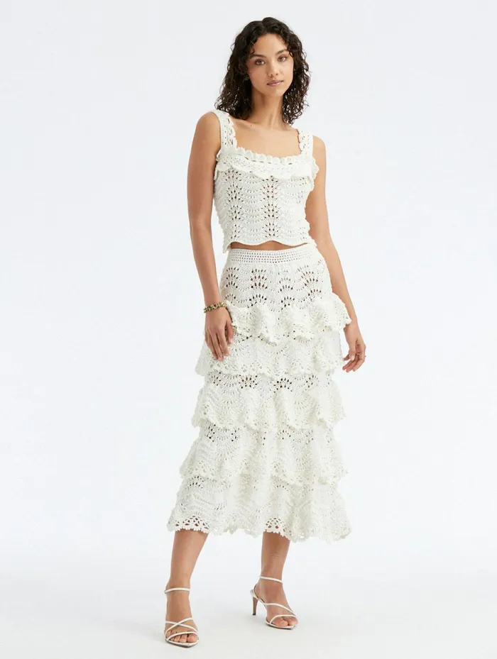 Women Pants and Skirts Oscar De La Renta Hand Crocheted Scallop Tiered Skirt Ivory