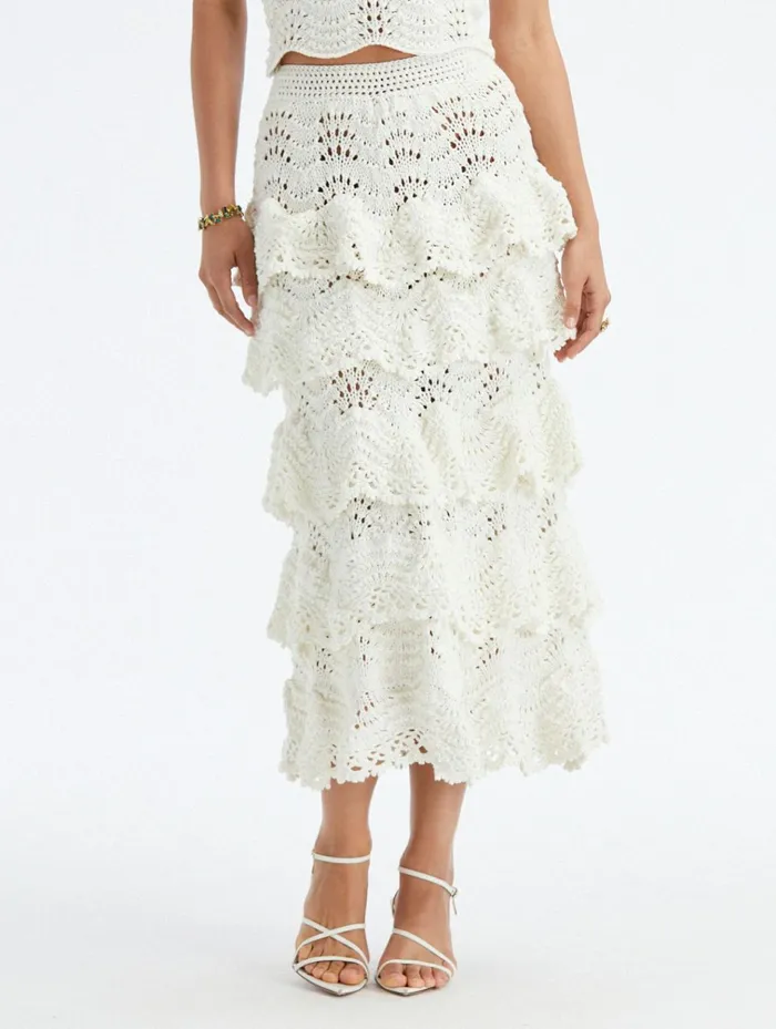 Women Pants and Skirts Oscar De La Renta Hand Crocheted Scallop Tiered Skirt Ivory Women Pants and Skirts Oscar De La Renta Hand Crocheted Scallop Tiered Skirt Ivory