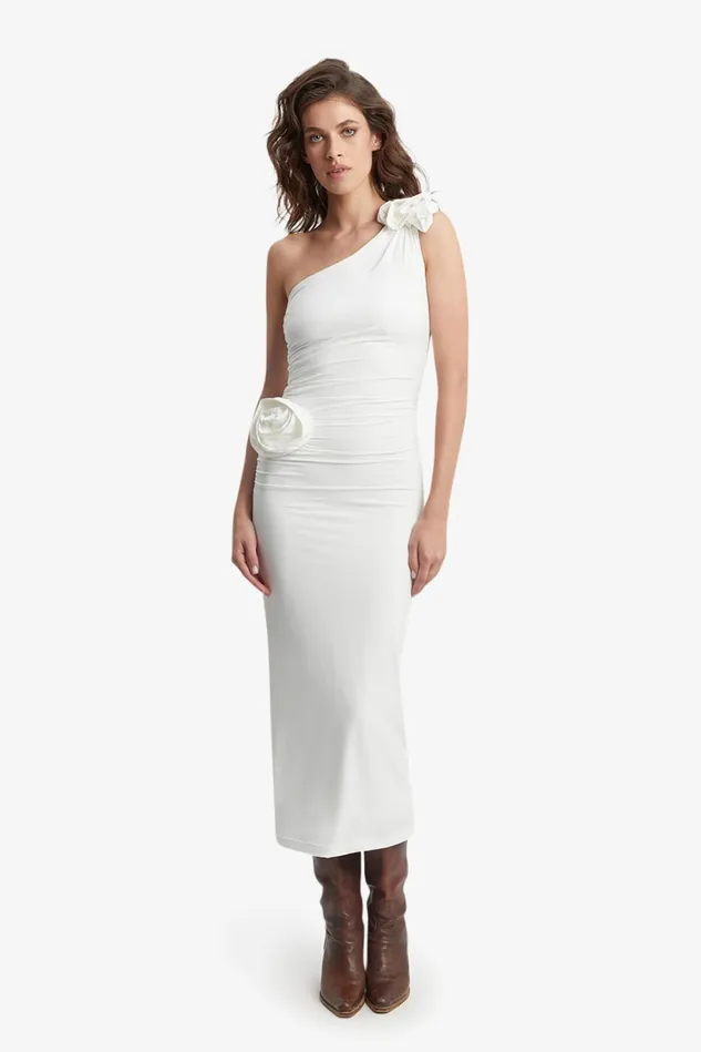Women Party Dresses Bardot Lilita Ruched Midi Dress In Orchid White Orchid White