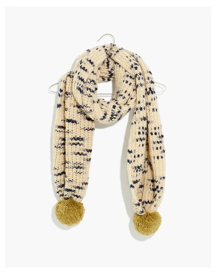 Women Patterned Pom Pom Scarf Dark Smoke Madewell Scarves and Capes
