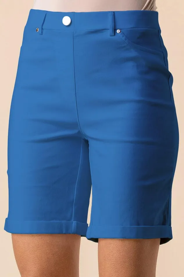 Women Petrol Blue Elastic Waist Turn Up Stretch Shorts Roman Trousers