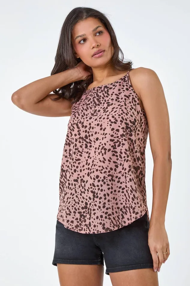 Women Pink Animal Print Cami Top Roman Tops
