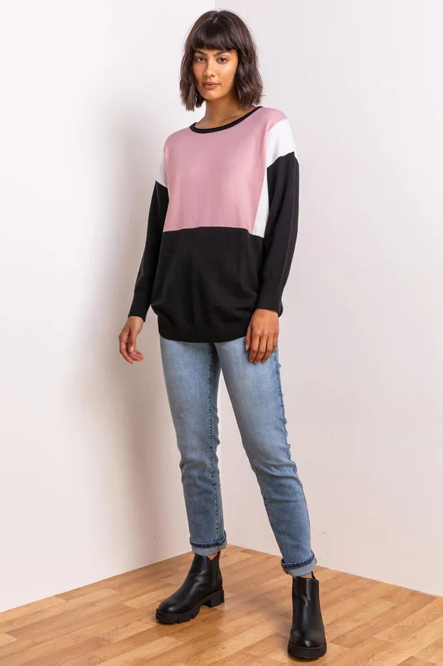 Women Pink Colour Block Round Neck Jumper Roman Knitwear