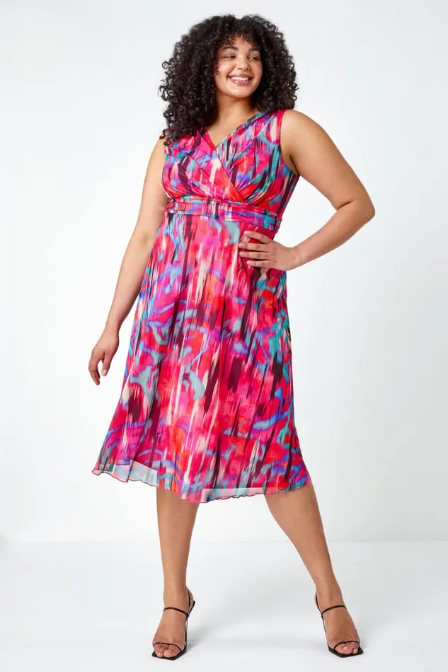 Women Pink Curve Abstract Print Mesh Wrap Dress Roman Dresses