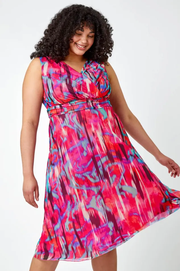 Women Pink Curve Abstract Print Mesh Wrap Dress Roman Dresses