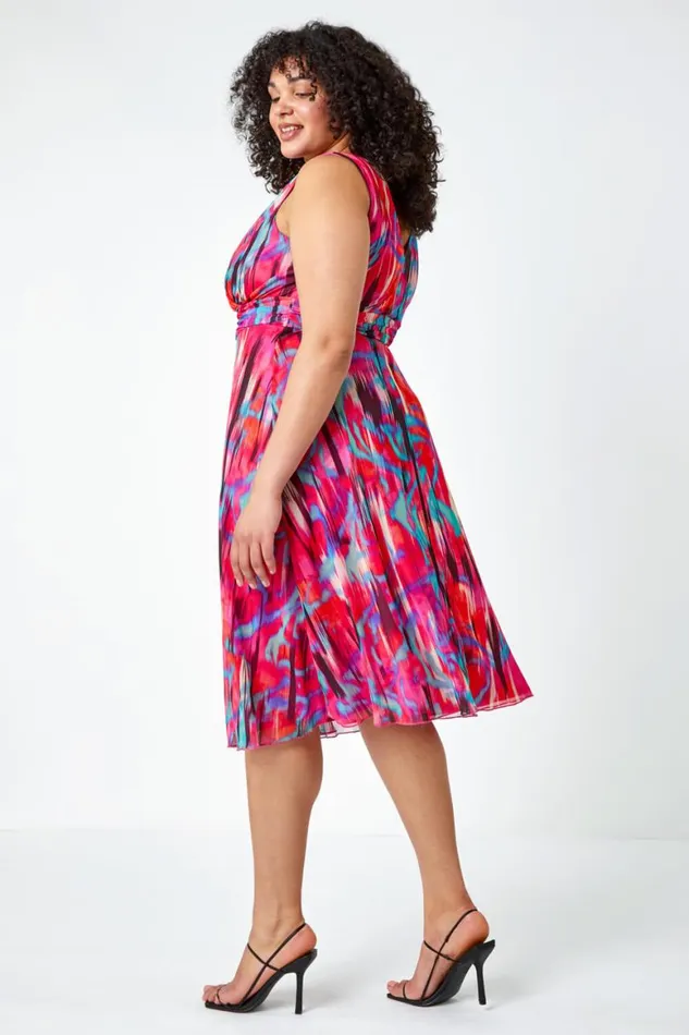 Women Pink Curve Abstract Print Mesh Wrap Dress Roman Dresses