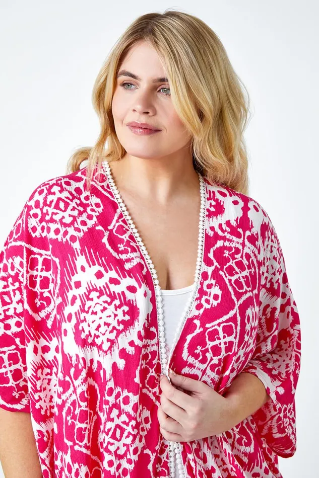 Women Pink Curve Aztec Print Longline Kimono Roman Tops