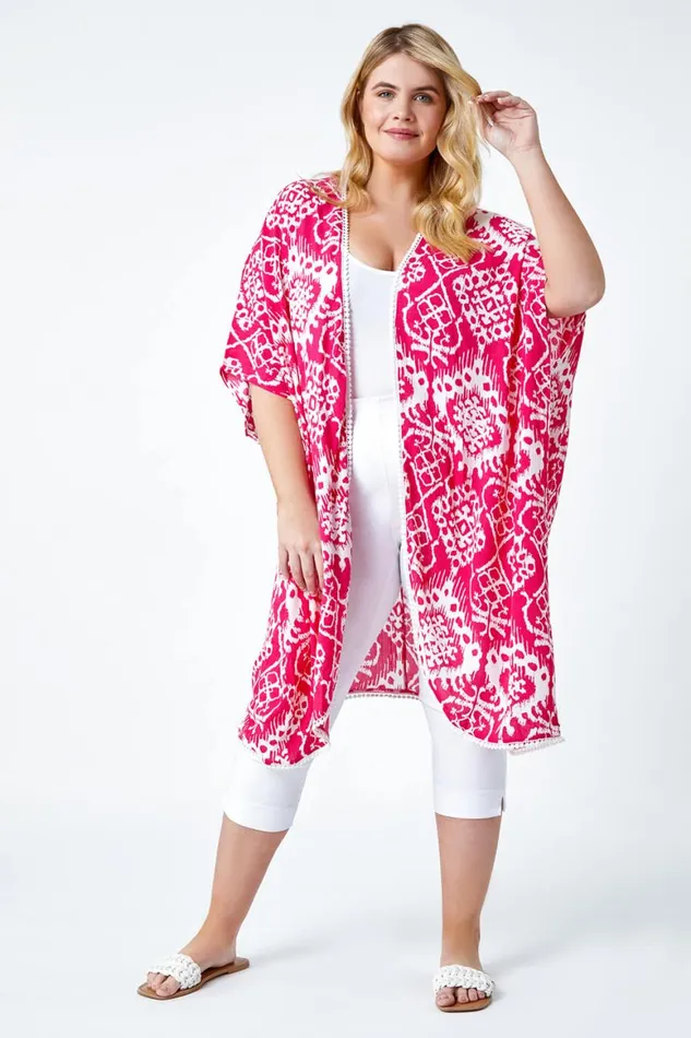 Women Pink Curve Aztec Print Longline Kimono Roman Tops