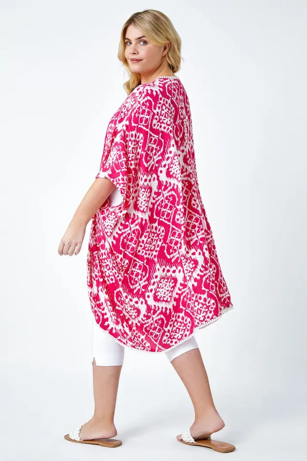 Women Pink Curve Aztec Print Longline Kimono Roman Tops