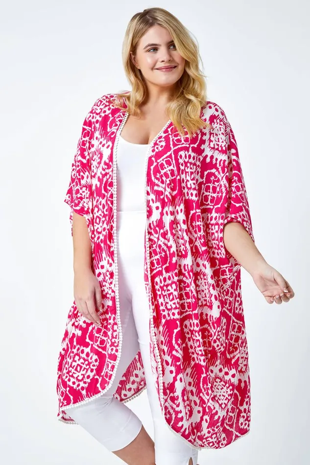 Women Pink Curve Aztec Print Longline Kimono Roman Tops