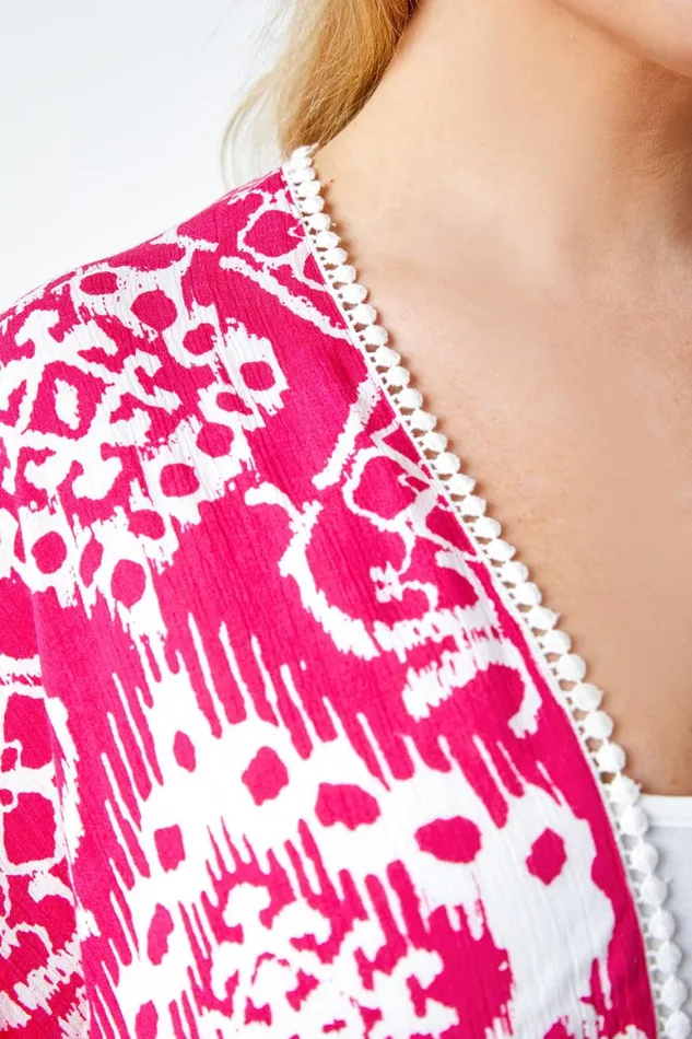 Women Pink Curve Aztec Print Longline Kimono Roman Tops